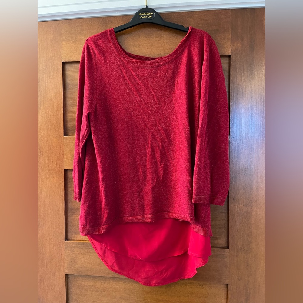 Blue Red not an orange red sparkle split back layered top crew neck 3/4 sleeve